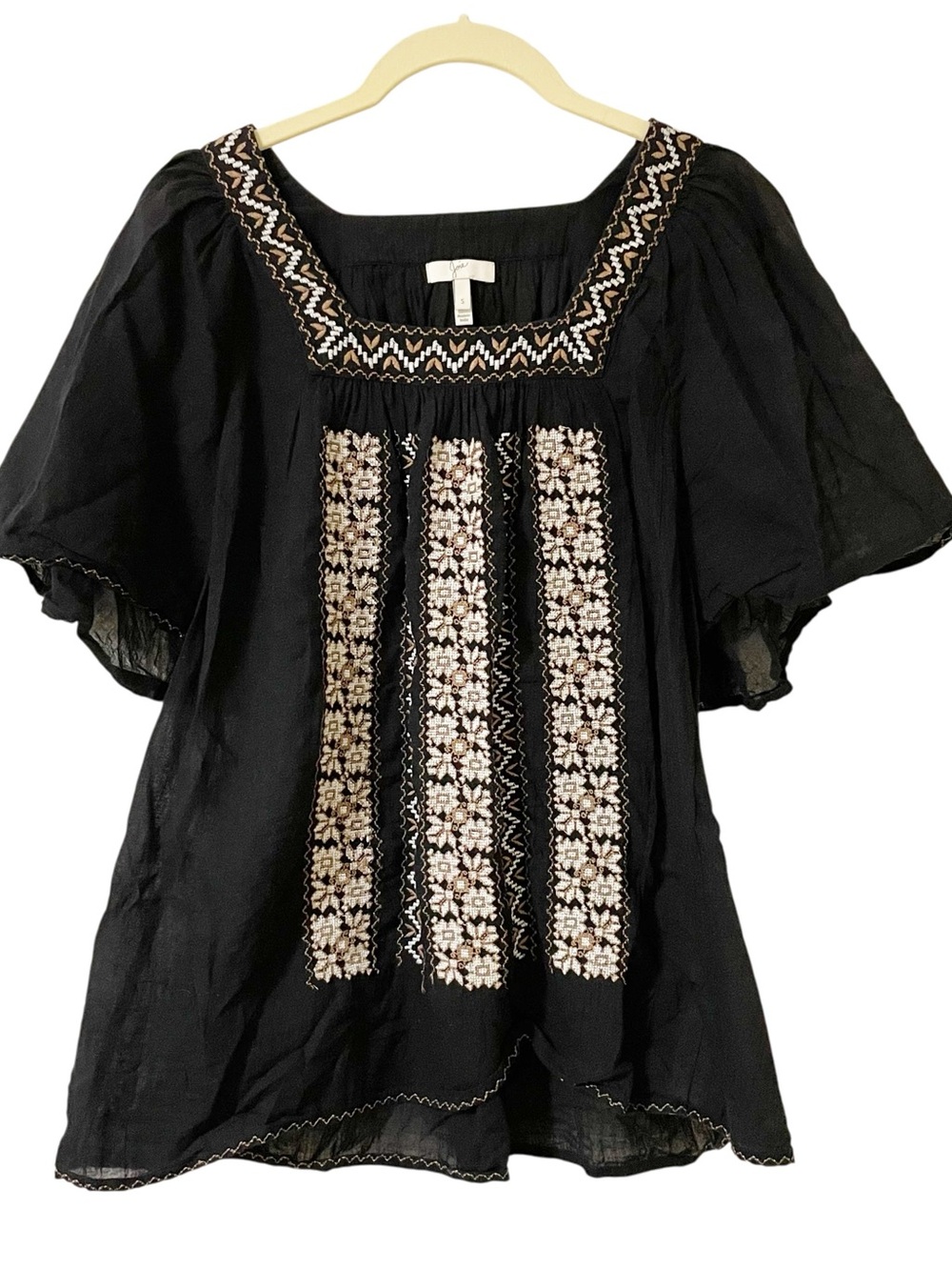 Joie Embroidered Black Peasant Top with Cream Floral Accents Small Boho